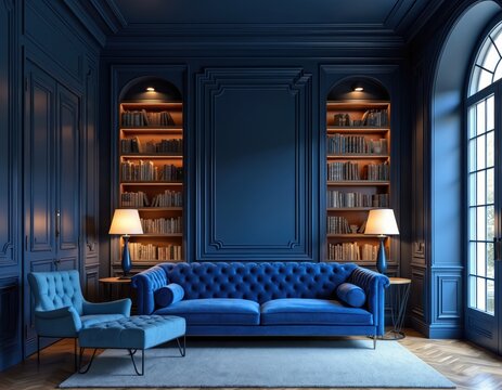 Luxurious blue library with tufted velvet sofa, armchair, ottoman. Warm ambient lighting, floor lamps. Bookshelves with classic literature, large window with natural light. Comfortable reading nook,