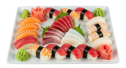 Isolated delicious assorted sushi and sashimi platter with ginger and wasabi condiment on plate