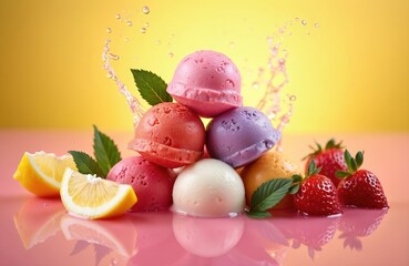 Colorful ice cream scoops piled high with fresh strawberries and lemon slices. Water splashes create refreshing cascade around sweet frozen dessert. Perfect for summer treats and cool refreshment.