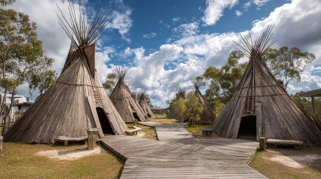 Native american teepees village under a cloudy sky in a natural setting.