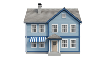 Isolated two-story house with blue siding, a gray roof, and a small awning, a real estate model