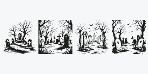 graveyard creepy sketch illustration vector set