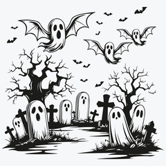 graveyard with ghosts sketch illustration vector