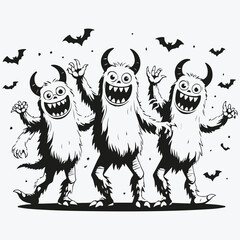 monsters dancing for halloween sketch illustration vector