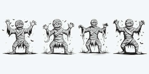 mummy monster dancing halloween sketch illustration vector set