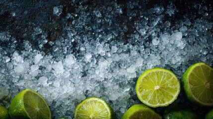 Fresh green limes on crushed ice create a vibrant and refreshing scene.