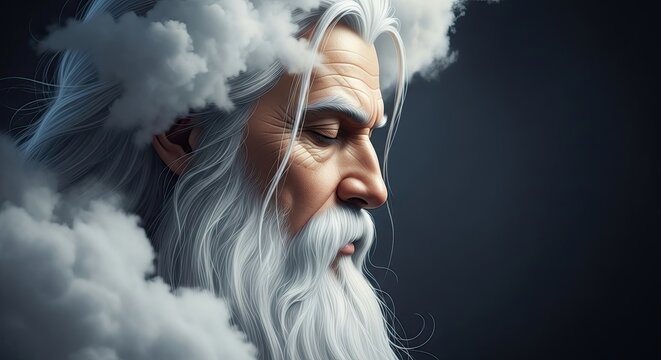 Majestic Ancient White Bearded Man Emerges From Wispy Clouds