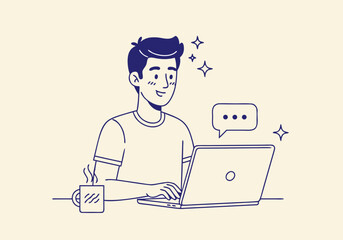 Engaged young man diligently working on his laptop, symbolizing remote productivity, online learning, and digital communication