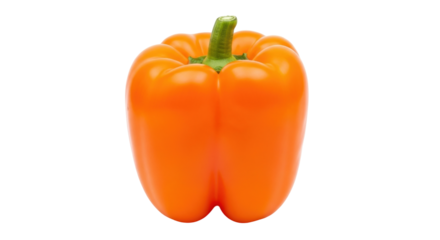 Isolated sweet orange bell pepper with green stem, ripe fresh capsicum with no shadow