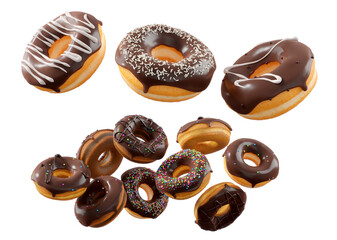 Donuts with chocolate glaze, sprinkles, white drizzle, and dots isolated on white transparent background. 3d rendering and illustration of dessert variety