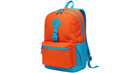 Isolated trendy orange backpack with blue accents, perfect for school, travel, or outdoor activities