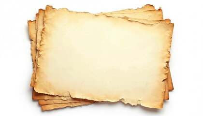 Stack of old vintage papers on white background. Yellow aged sheets with torn edges. Pile of used parchment. Retro paper texture. Aged document sheets.