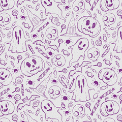 Seamless Halloween pattern with cute doodles of ghosts, pumpkins, bats, cats, spiderwebs, and candies. Perfect for wrapping paper and festive design