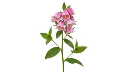 Isolated Fairy Lantern plant with pink bell-shaped flowers, stem and green leaves, no background