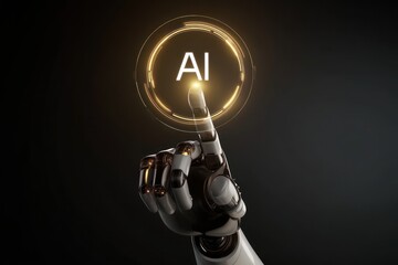 Robot Hand Presses Virtual AI Button on Black Background