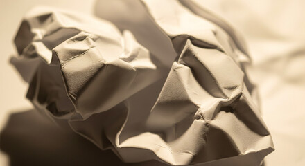A detailed macro shot of crumpled white paper under soft lighting, showing folds and shadows, symbolizing brainstorming, imperfection, and creativity.