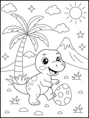 Adorable Baby Dinosaur Coloring Page for Kids with Volcano, Palm Tree, and Dinosaur Egg. Fun Prehistoric Cartoon Line Art for Children to Color and Learn
