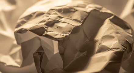 A detailed macro shot of crumpled white paper under soft lighting, showing folds and shadows, symbolizing brainstorming, imperfection, and creativity.
