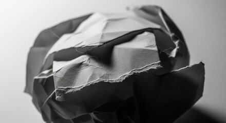 A detailed macro shot of crumpled white paper under soft lighting, showing folds and shadows, symbolizing brainstorming, imperfection, and creativity.