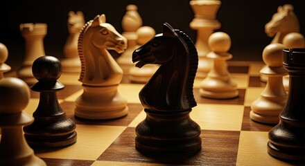 Intense Chess Battle Knights Face Off on Wooden Board