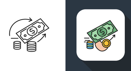 Money transaction and financial growth icon set showing cash flow and income.