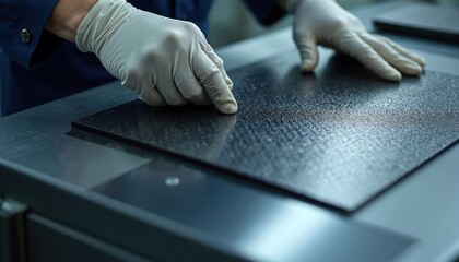 Person with white gloves carefully examines dark composite panel. Technician checks surface quality, texture of carbon fiber material in clean lab. Worker handles advanced tech plate for aerospace