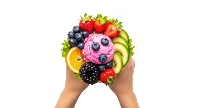 Colorful fruit salad in a watermelon bowl held by hands isolated on transparent background