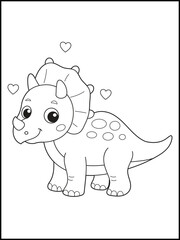  Smiling Cartoon Triceratops Dinosaur Surrounded by Hearts. Black and White Line Art for Kids Coloring Pages, Educational Fun, and Prehistoric-Themed Activities