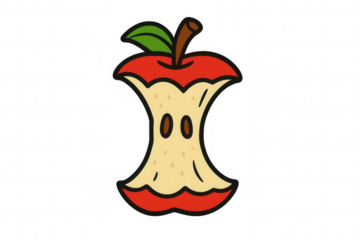 Red apple core doodle art, representing food waste or having eaten a healthy snack. Isolated on transparent background