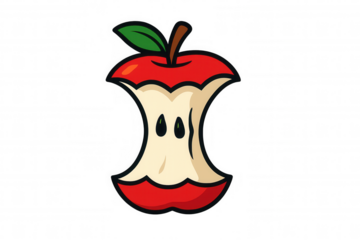 Red apple core with stem and leaf, showing food waste concept and healthy eating illustration