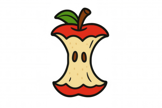 Red apple core doodle art, representing food waste or having eaten a healthy snack. Isolated on transparent background