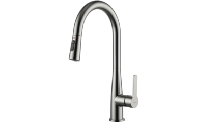 Isolated faucet for the kitchen or bath in stainless steel finish with curved spout