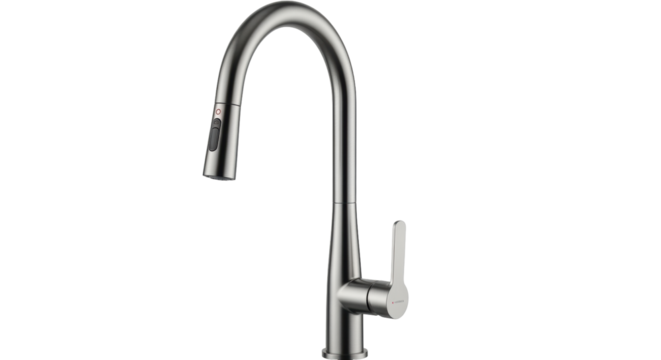 Isolated faucet for the kitchen or bath in stainless steel finish with curved spout