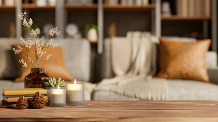 Lighting aroma scented candles and decorative item on wooden table across fabric sofa in living room