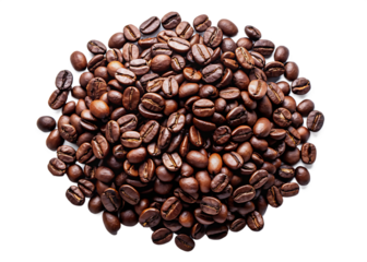 A pile of roasted coffee beans forming a circular shape isolated on transparent background