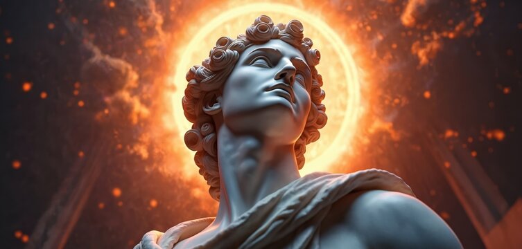 Apollo sculpture bust on sun background. Ancient Greek god of sun and poetry. Symbol of classic art and culture. Creative illustration of antique statue for modern media trends.