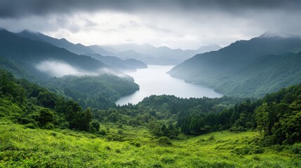 A serene landscape showcasing a tranquil lake surrounded by lush green mountains under a moody sky, perfect for promoting nature retreats, eco-tourism, or environmental awareness campaigns,