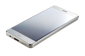Modern silver smartphone with a reflective screen isolated on transparent background