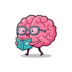 Adorable Cartoon Brain Character Wearing Glasses Reading a Book.