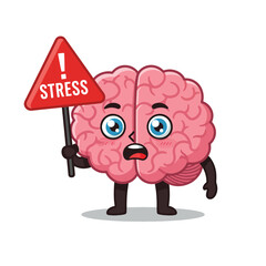 Cartoon brain character holding a stress warning sign with a worried expression.