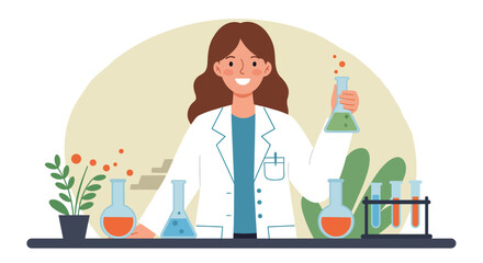 Cheerful female scientist in lab coat holding test tube with green liquid.