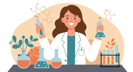 Cheerful female scientist in lab coat holding test tubes with colorful liquids.