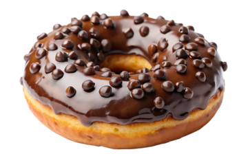 Delicious chocolate frosted donut with tiny chocolate chips isolated on transparent background