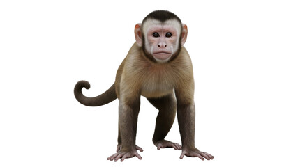 Isolated Capuchin monkey stands, looking forward, with curious expression, on clean backdrop © Vetle