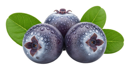 Isolated blueberries with green leaves, raw fruit, fresh berries, and droplets of water