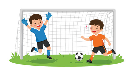 Fototapeta premium Two young boys playing soccer in front of a goal one as goalkeeper the other kicking the ball.