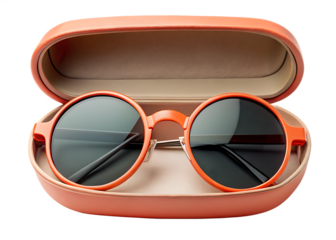 Stylish retro round sunglasses with dark lenses in an open coral colored protective case isolated on transparent background