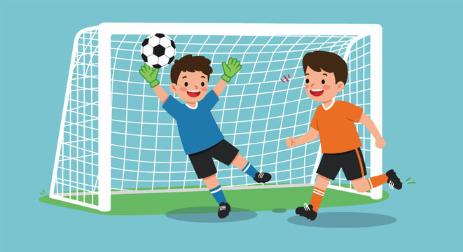 Two young boys playing soccer one a goalkeeper saving a goal. - Powered by Adobe