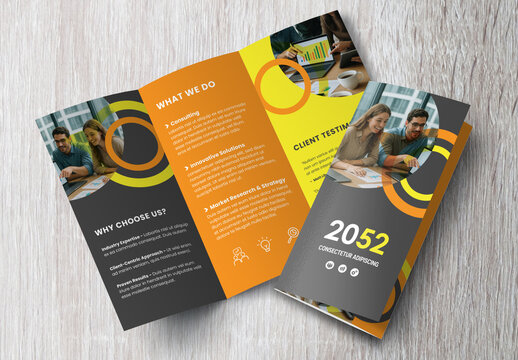 Corporate brochure design template &ndash; Professional modern tri-fold leaflet with geometric layout and business theme in Yellow and Orange