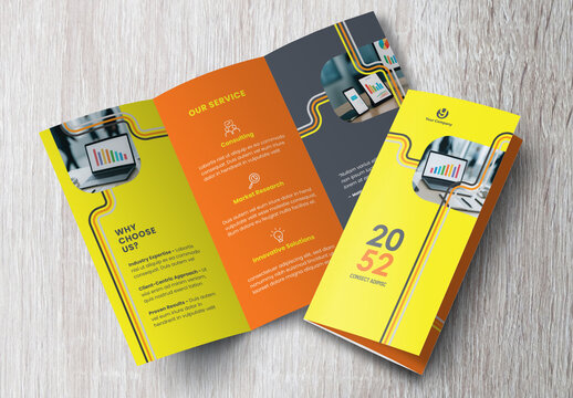 Corporate brochure design template &ndash; Professional modern tri-fold leaflet with geometric layout and business theme in Yellow and Orange